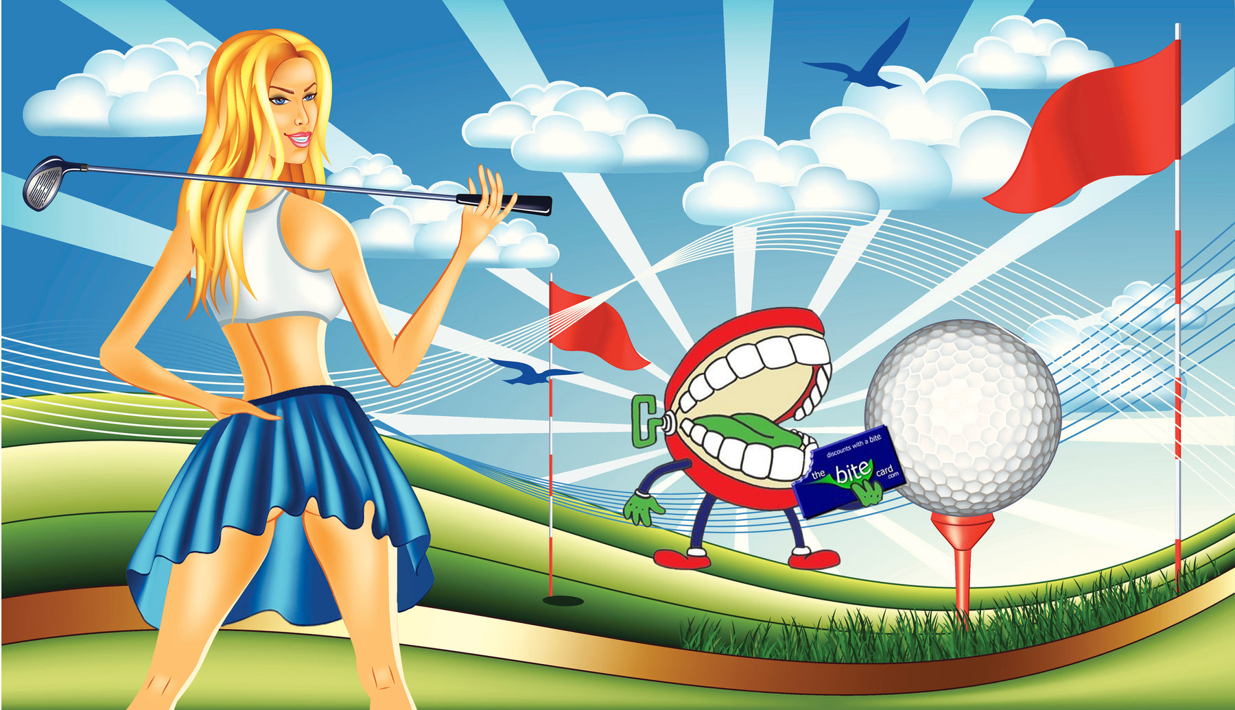 girl on golf course holding a golf club with bite card mascot ready to play a round at tee time
