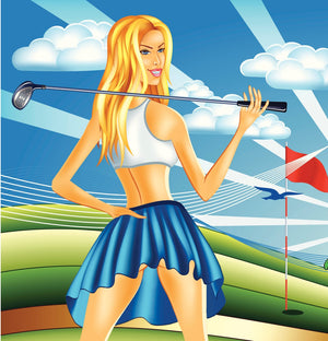 girl on golf course holding a golf club ready to play a round at tee time